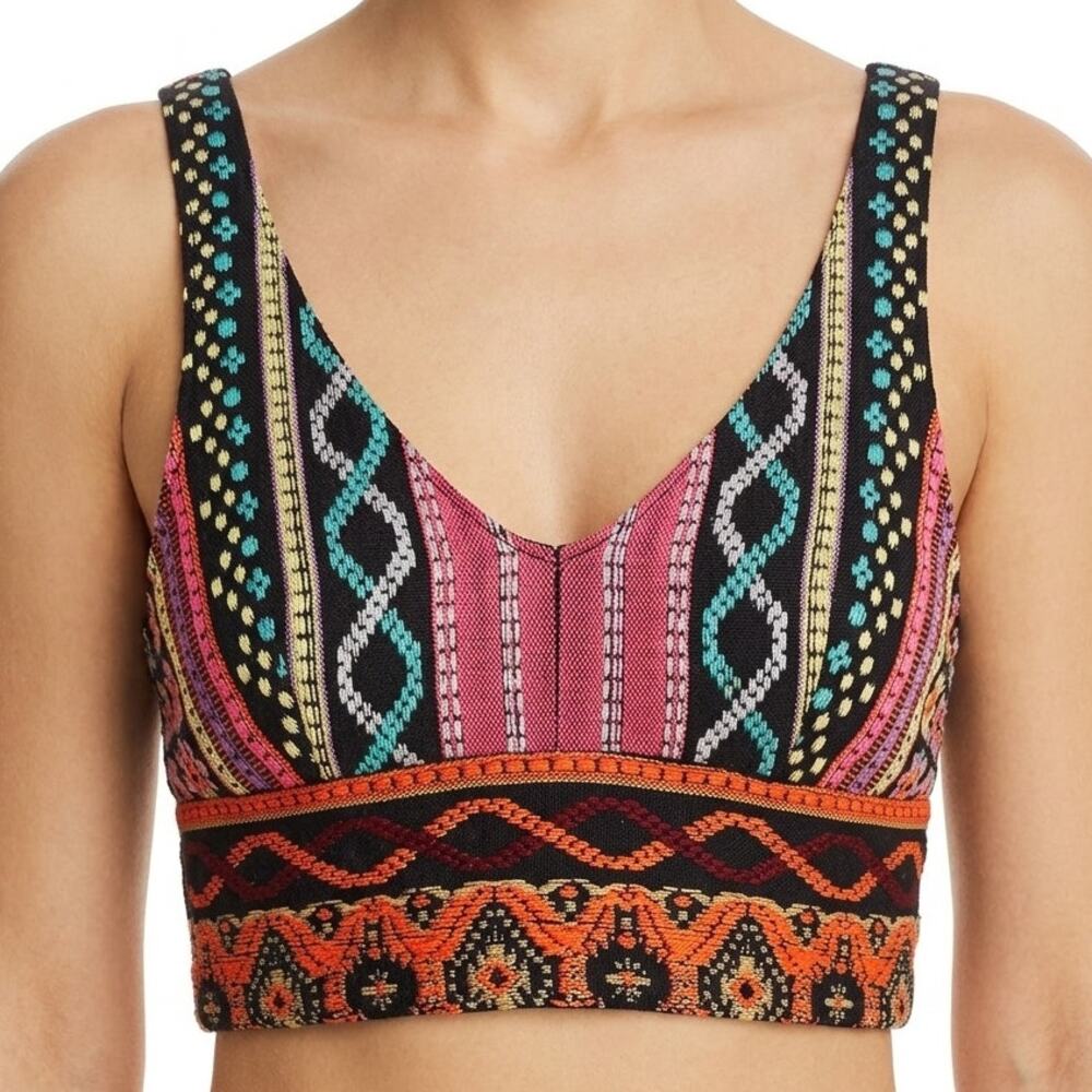 Tribal Festival Black Orange Pink Embroidered Cotton Tank Crop Bra Top size S